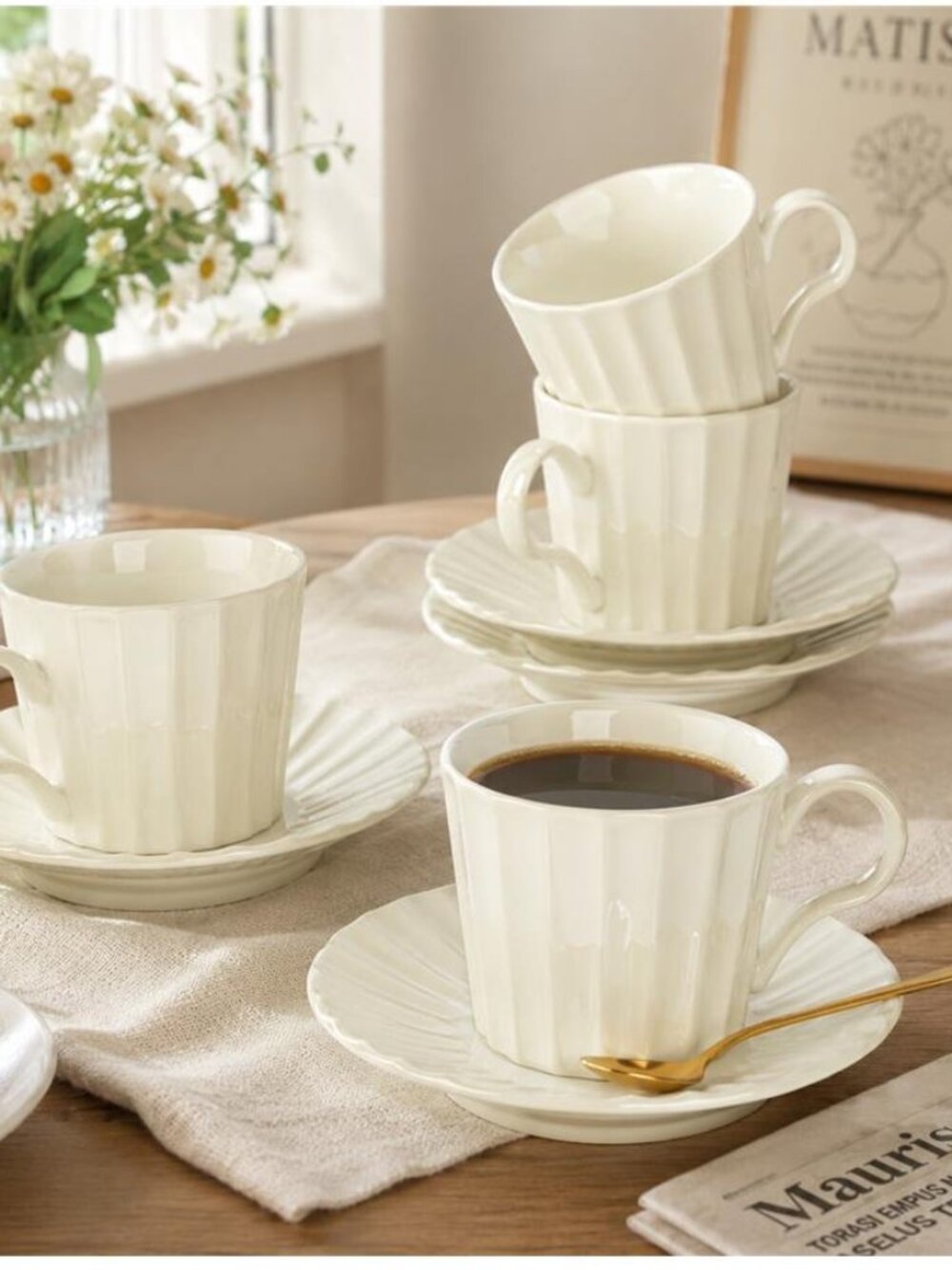 Set of 4 Pearl Glaze Ceramic Coffee Cups Saucers 8oz Cappuccino Tea Mugs